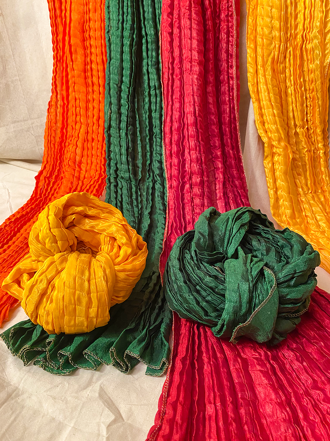 Orange Pleated Mehndi Dupatta