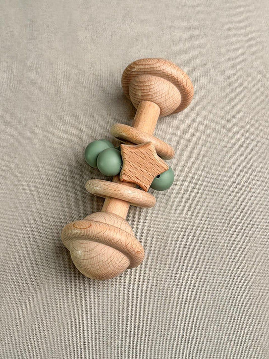 Sage Green Silicon Wooden Rattle