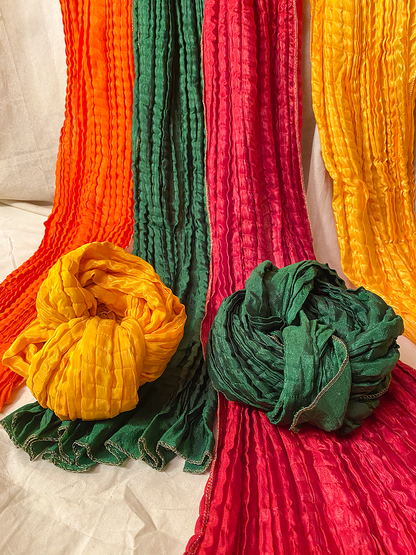 Orange Pleated Mehndi Dupatta