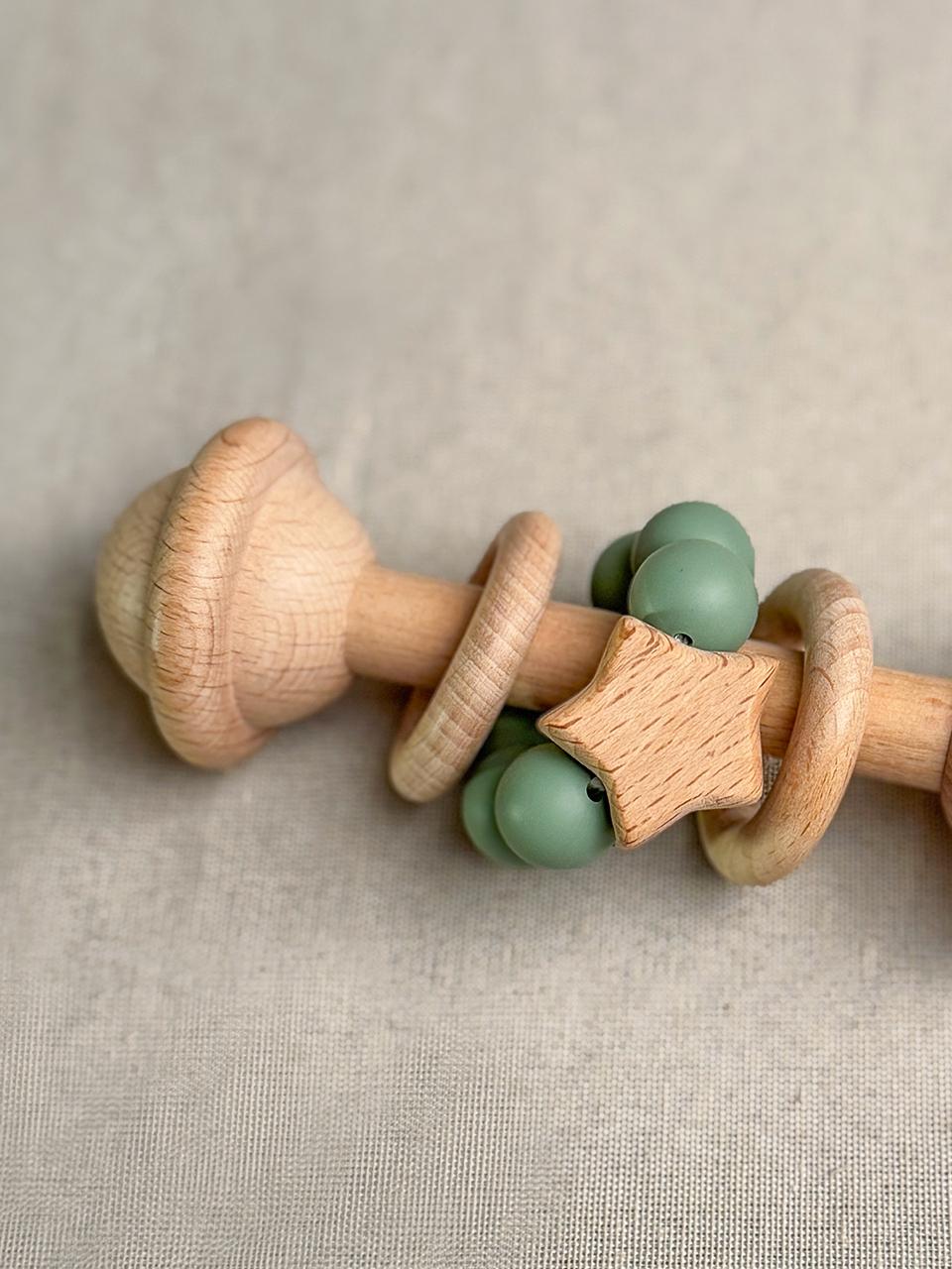 Sage Green Silicon Wooden Rattle